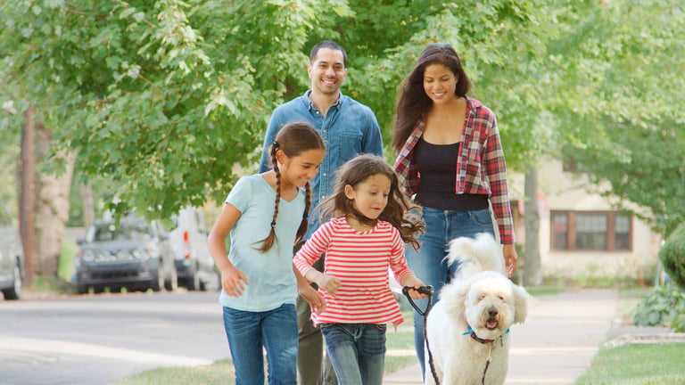 Family of four outdoors walking dog along suburban street