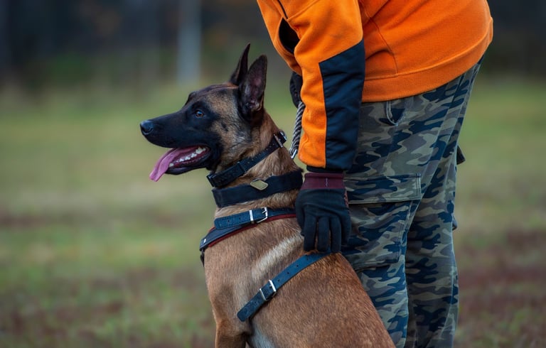 Man training Belgian Malinois sheepdog in outdoor setting