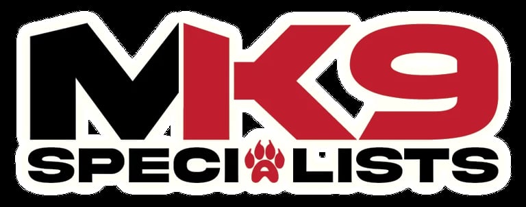 MK9 Specialists logo with paw print symbol in red, black and white